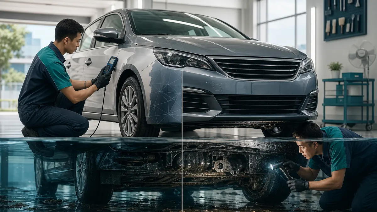 A workshop inspection revealing repaired body panels and possible water exposure beneath a used car