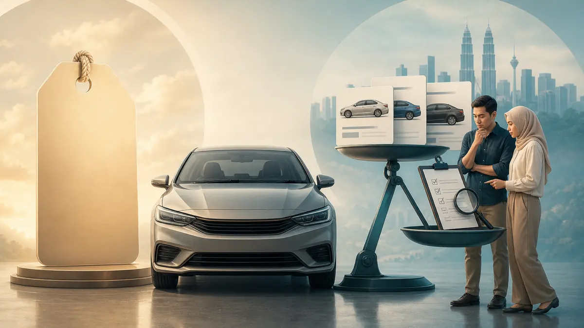 A used car between two contrasting price markers and a balanced evidence scale