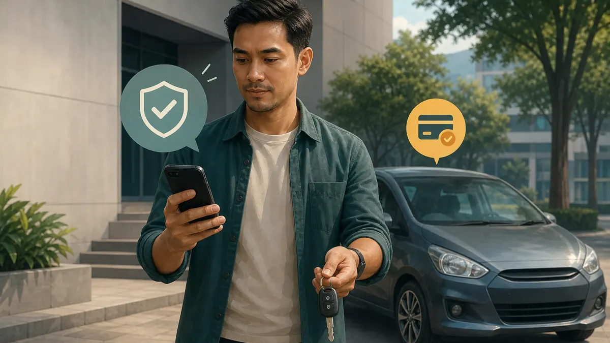 A cautious seller verifying cleared payment on a phone before handing over car keys
