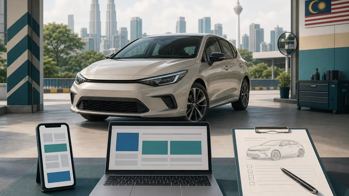 Three car-valuation approaches represented by a phone, laptop, and inspection notes around one vehicle