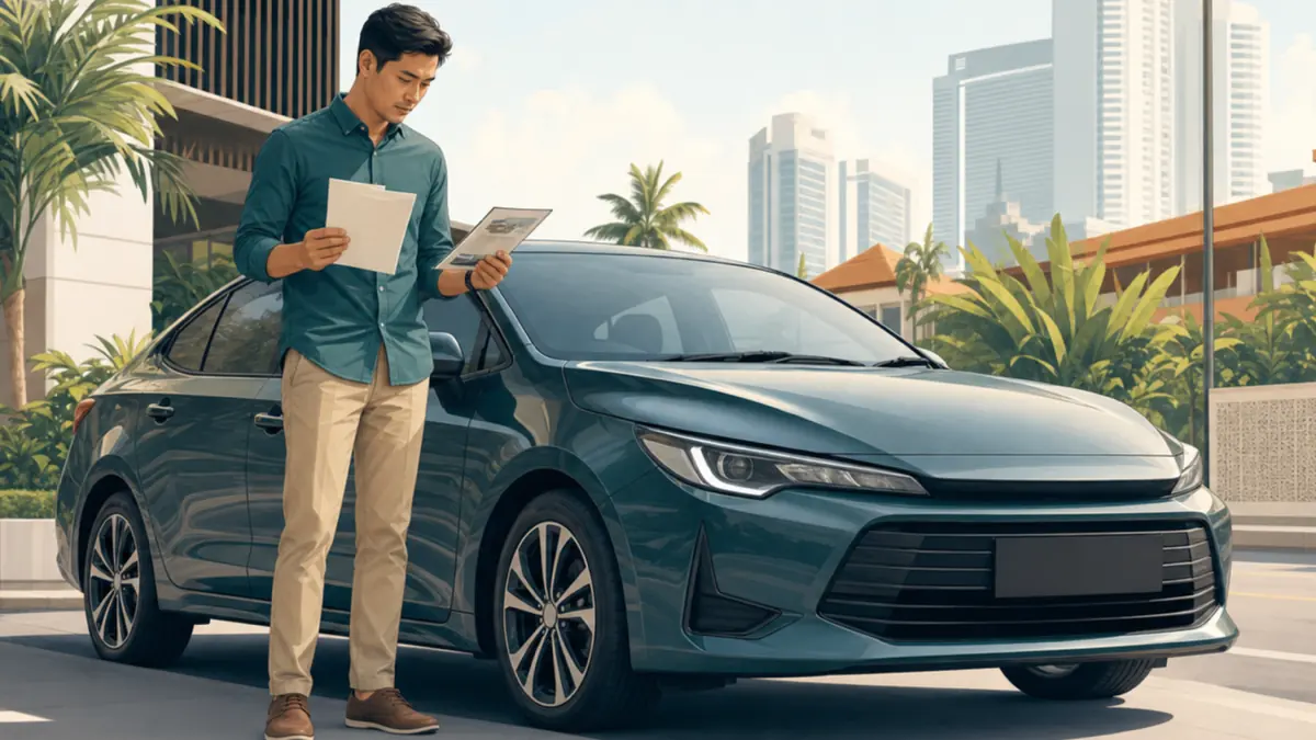 A car owner comparing used-car listings and valuation notes beside a compact sedan