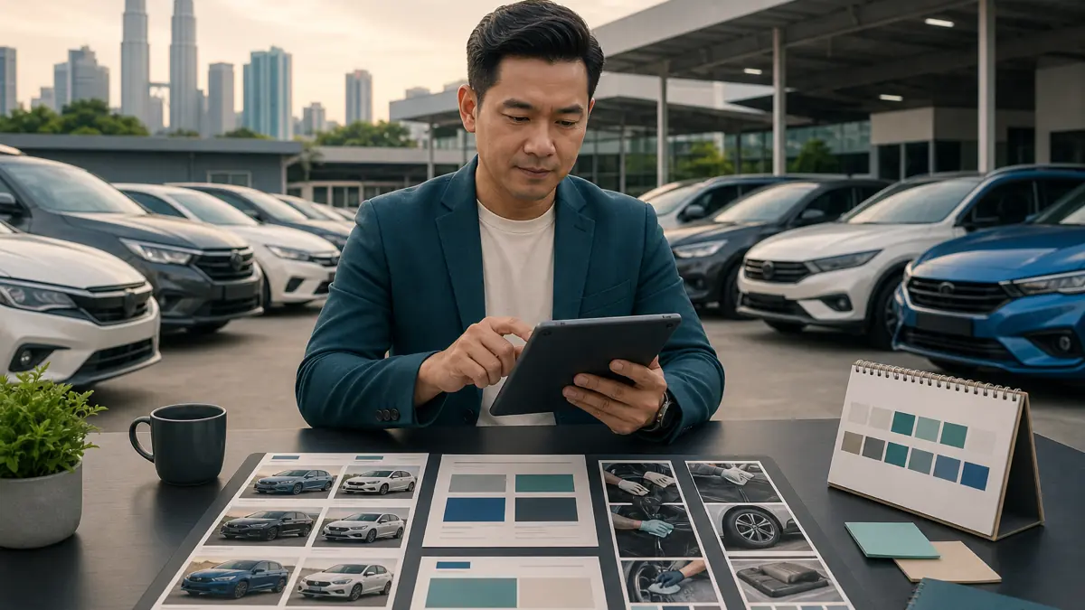 A Malaysian used-car lot manager reviewing inventory signals on a tablet among parked vehicles