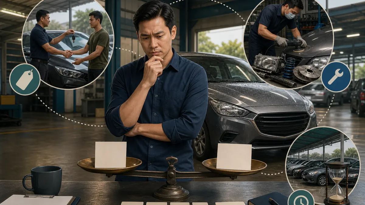A dealer reviewing purchase, repair, and holding-cost documents beside a car in a workshop