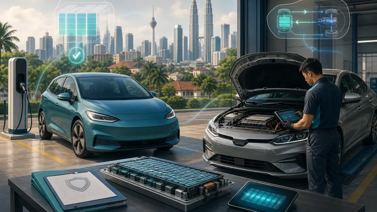 An electric car and a hybrid car beside a charging point and a battery inspection record