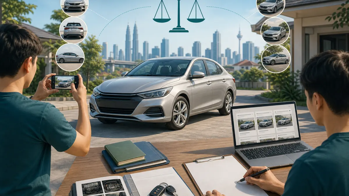 A seller photographing a prepared used car while comparing nearby market listings on a laptop