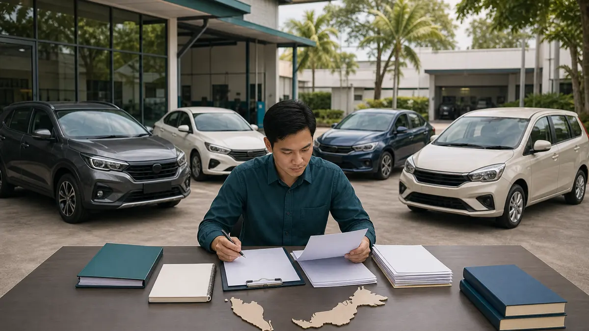 An analyst reviewing blank evidence documents at a table with a Malaysia map motif and four varied used cars behind