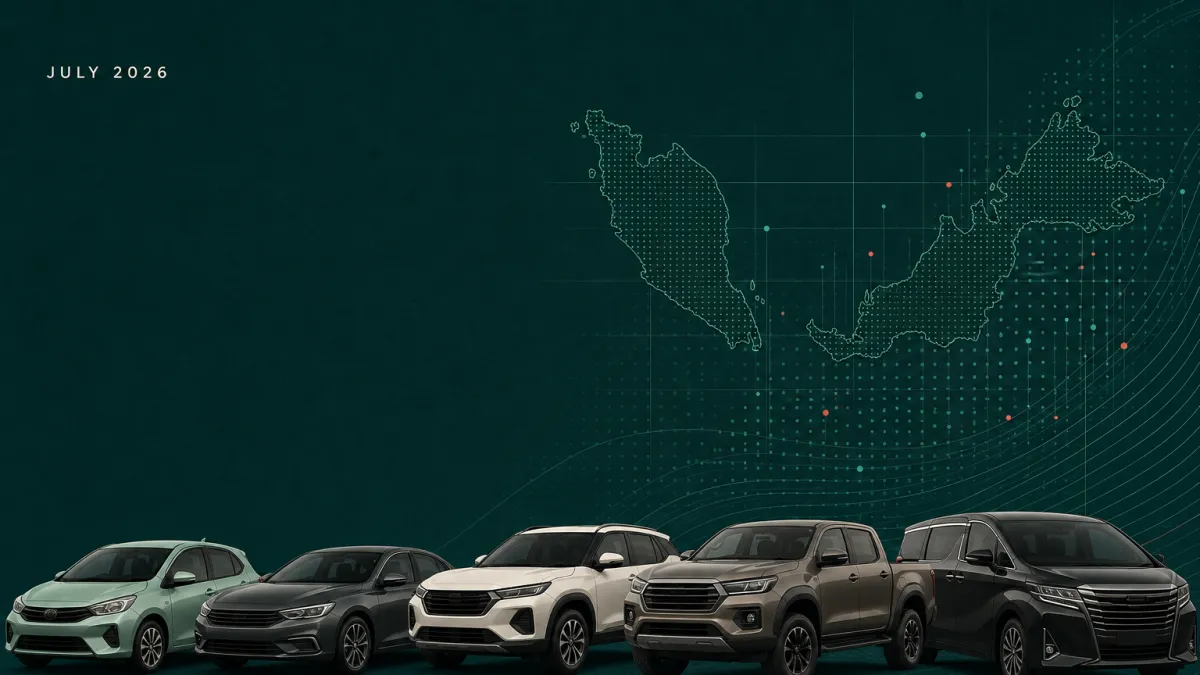 A conceptual July 2026 Malaysian used-car market report cover with varied unbadged cars and a data-map motif