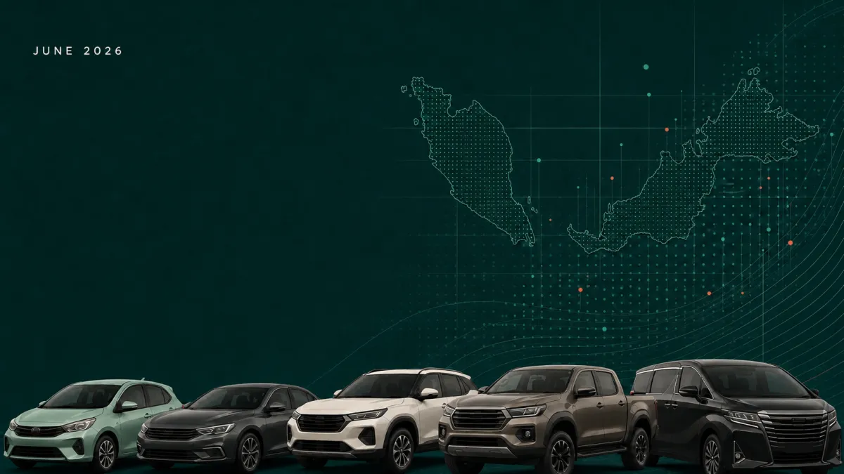 A conceptual June 2026 Malaysian used-car market report cover with varied unbadged cars and a data-map motif