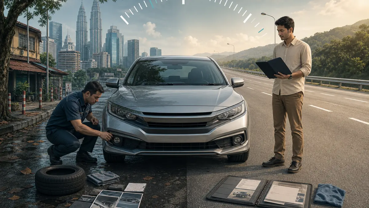 A used car between a Malaysian city street and an open highway while a technician checks its tyre condition