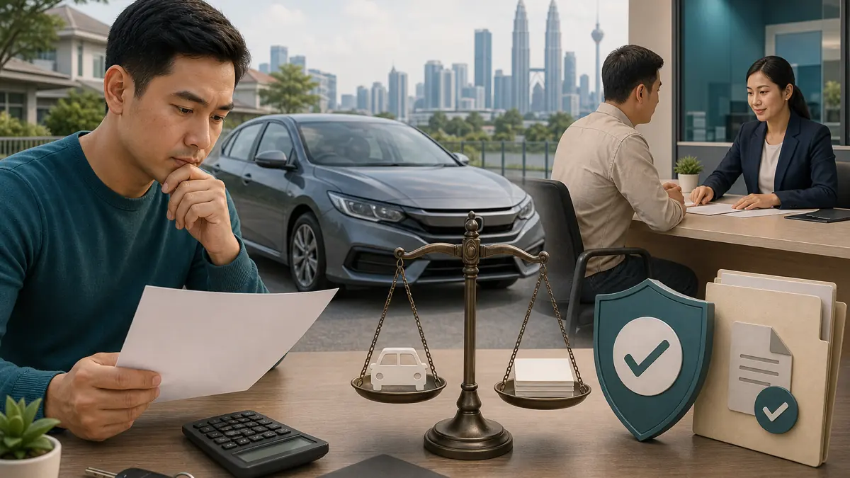 Car keys, finance documents, and a calculator arranged beside a used vehicle