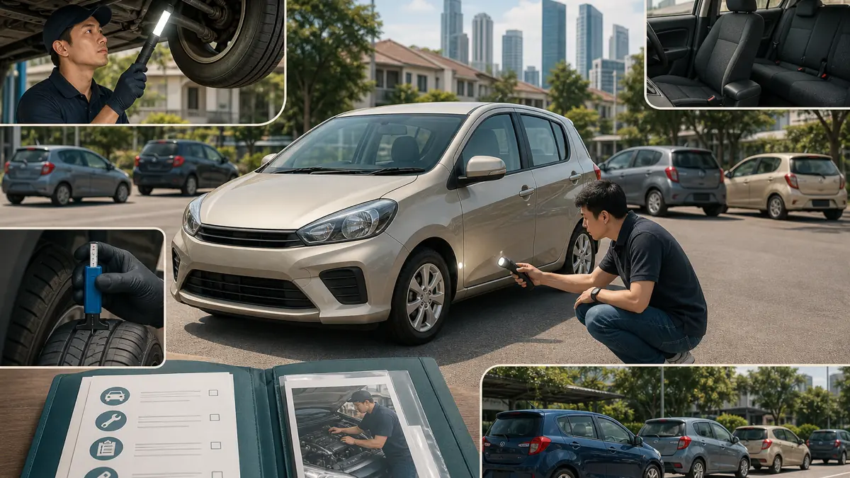 An unbadged compact hatchback in a familiar Malaysian urban neighbourhood
