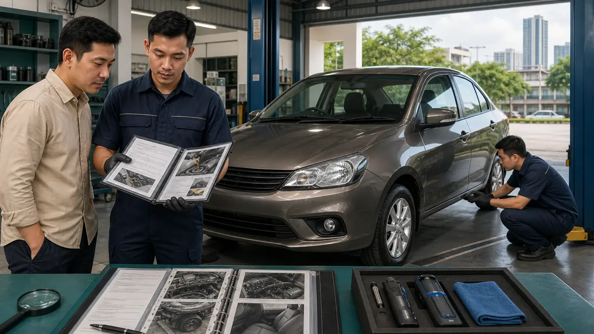 An unbadged compact sedan being inspected inside a Malaysian service workshop while its owner reviews maintenance records
