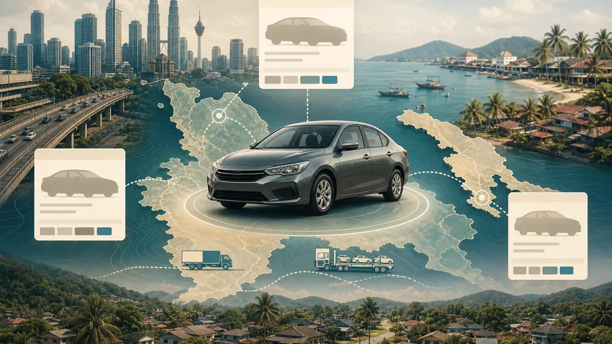 A used car connected by roads to a city skyline, coastal town, and rural Malaysian landscape