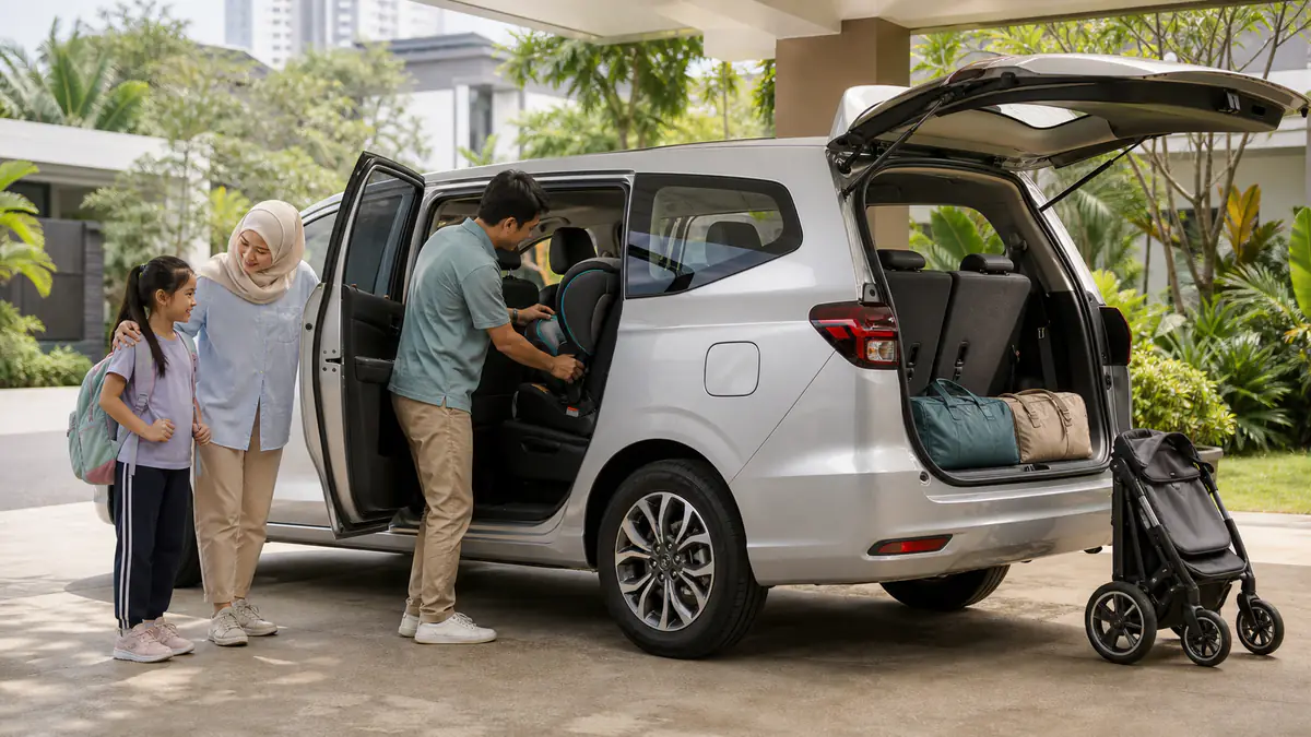 A Malaysian family fitting a child seat and checking luggage space in an unbadged seven-seat MPV
