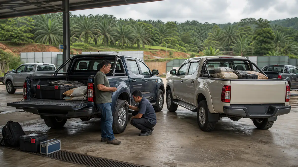 A Malaysian small-business owner and mechanic inspect two unbadged double-cab pickups in a semi-rural workshop