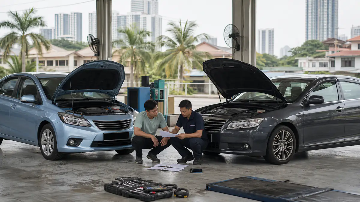 Pembeli dan mekanik Malaysia membandingkan sedan kompak lebih baharu dengan sedan lebih besar dan lama di bengkel pemeriksaan