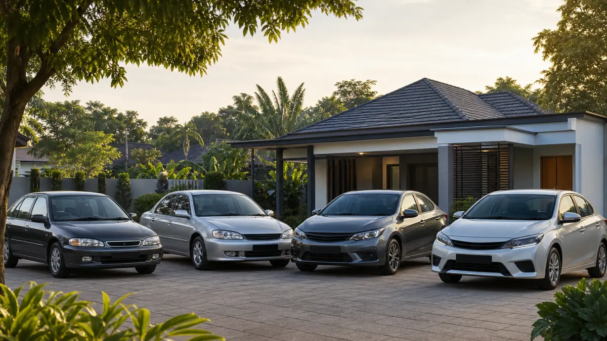 Barisan kereta Malaysia tanpa lencana yang terjaga daripada pelbagai usia diletakkan bersama di luar rumah pinggir bandar