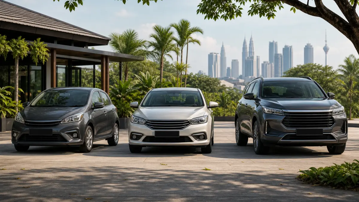 Three unbadged cars of different sizes and classes parked side by side for comparison in a Malaysian setting