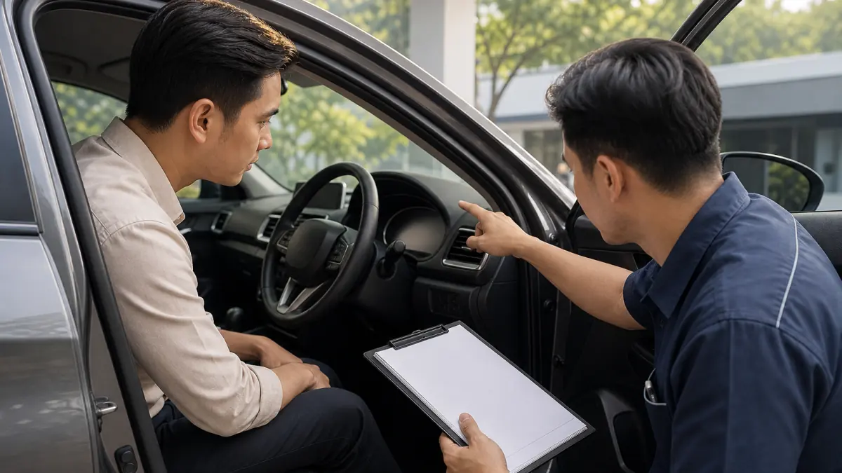 A buyer and mechanic checking an instrument cluster and service invoices on an unbadged used car
